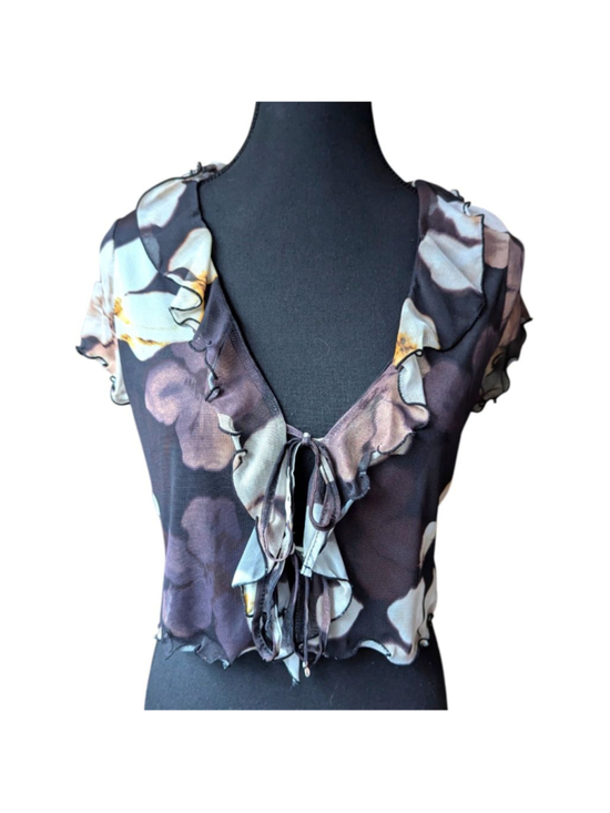 Ardene Tops - Ardene Black Floral Y2K Sheer Blouse Ruffle Tie Front